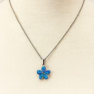 Plumeria Hawaiian Jewelry, Flower Necklace, Created Opal, Sterling Silver
